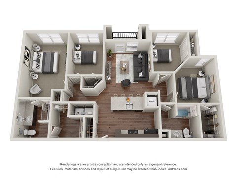 Floor plan for 4 beds, 2 baths, 1387 sqft